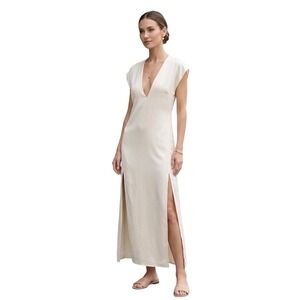 LBLC The Label Cream Satin Deep V-Neck Maxi Dress with Side Slits Small NWT